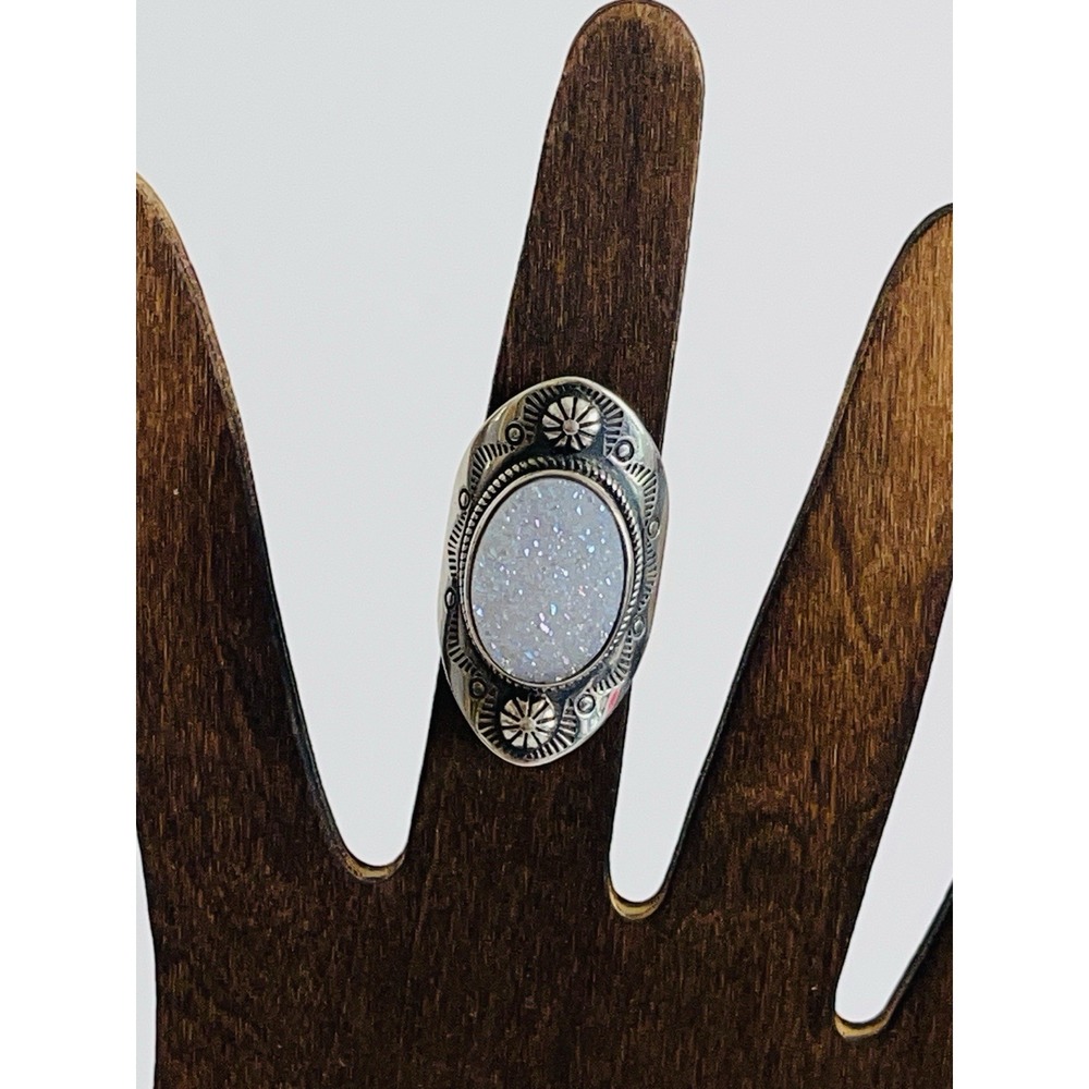 Vintage Style FD Sterling Silver 925 White Druzy Boho Southwestern Ring Size 6